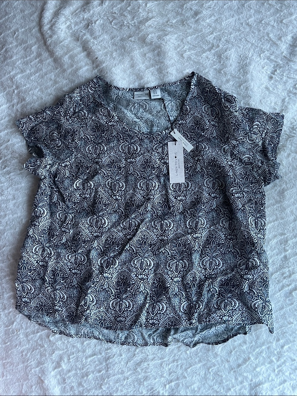 Rachel Zoe Navy Blue and White Printed Short Sleeve Blouse